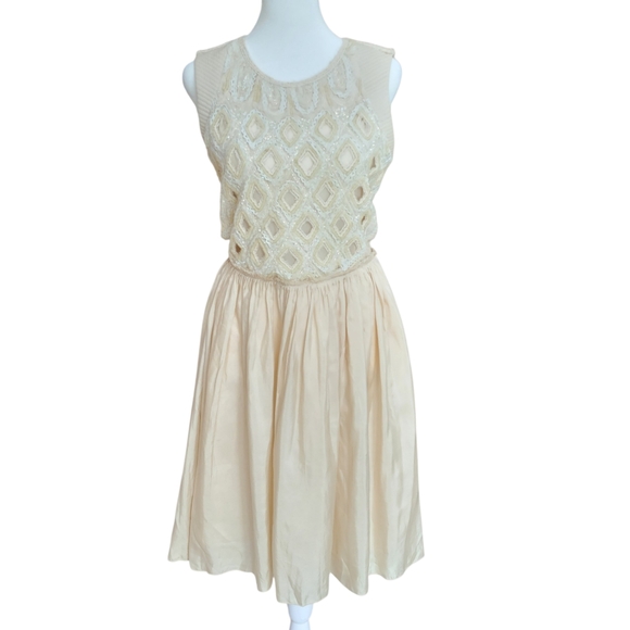 Anthropologie Moulinette Soeurs Angelic Cream Beaded Silk Dress Embroidered Sz 4 - Picture 4 of 16